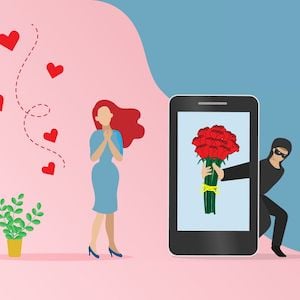 Image of a woman receiving flowers from a scammer through a mobile phone. 